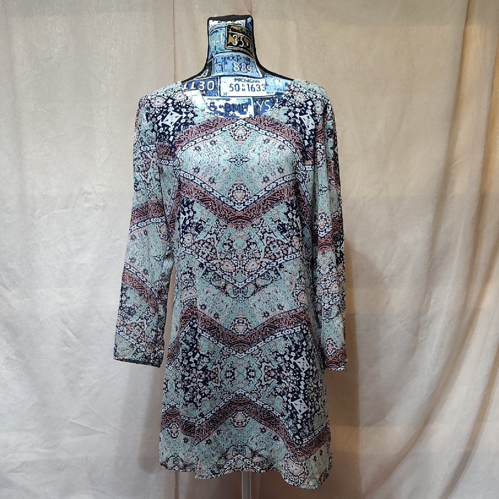 Speechless Blue and Red Patterned Long Sleeve Dress